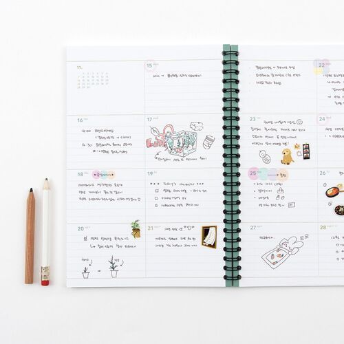 A detailed weekly spread shows dated sections, handwritten notes, checklists, and small printed illustrations.
