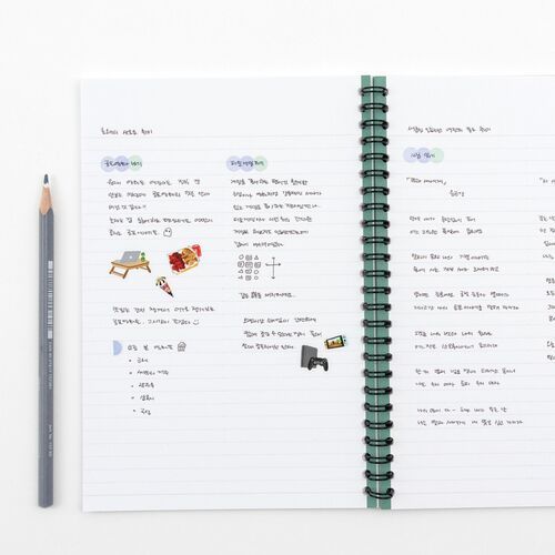 A broad lined notes spread provides room for longer writing, lists, ideas, and personal reflections beside the spiral.