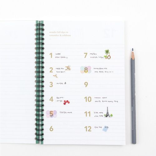 The open interior shows numbered monthly sections with generous horizontal lines for recording plans and reminders.