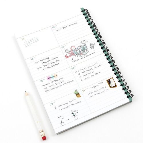 The planner rests open at an angle beside a pencil, revealing its dark spiral binding and spacious weekly format.