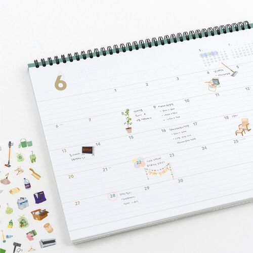 A close view of the June page shows dated rows, ruled writing space, and small illustrations for marking daily plans.