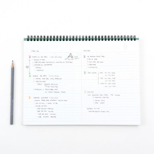 A writing demonstration shows the spacious ruled page while a pencil records organized notes and color-coded list items.