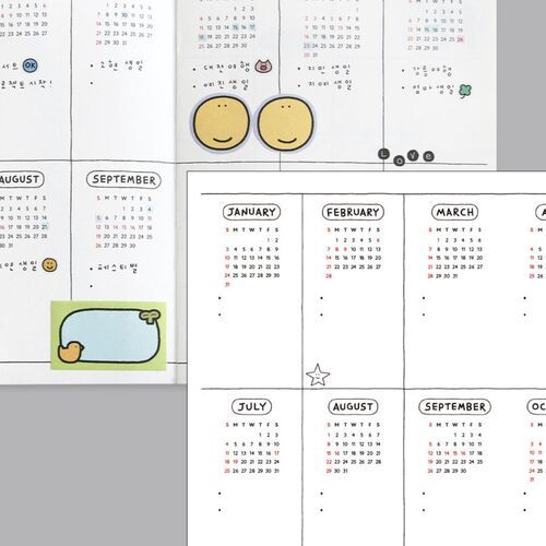 Close framing highlights the Soft Blue cover’s cat drawings, stars, speech bubbles, and calendar date range.