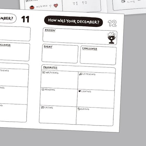 The January monthly layout shows broad daily boxes, bold lettering, and simple black-and-white character drawings.