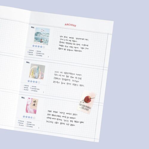Open archive space combines graph paper with image areas for documenting memories and media.