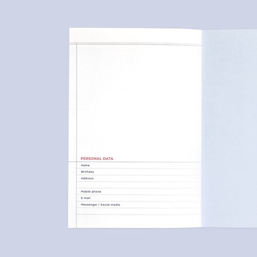 A personal data page provides labeled lines for contact information and other reference details.