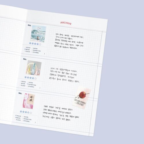 Archive pages pair image spaces, category checkboxes, ratings, and writing areas for recording books, films, places, or events.