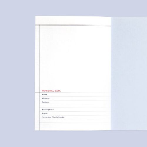 A personal data page provides labeled lines for names, birthdays, addresses, phone numbers, email, and social accounts.