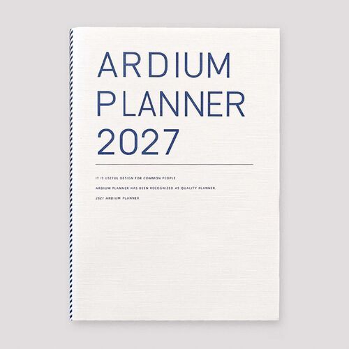An open weekly spread sits beside the plain Ardium 2027 cover, with checklist lines and generous daily writing spaces.