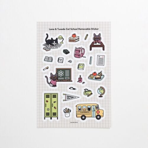 A full Removable sheet displays cats, books, classroom tools, lockers, a chalkboard, globe, pennant, and school bus illustrations.