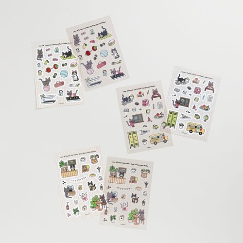 Several themed Lana & Tuxedo Cat sticker sheets are arranged together, with the School designs grouped beside Workout and Coffee Shop themes.