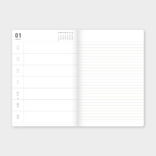 The yearly checklist spread uses a grid with months across the top and dates down the sides.
